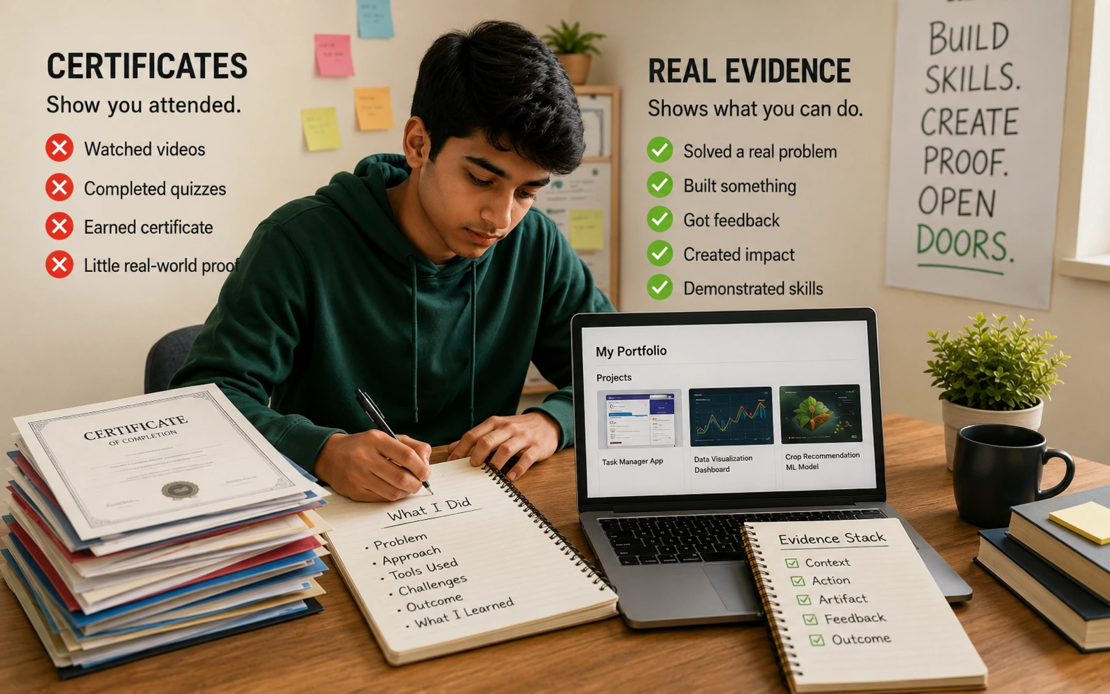 Student documenting project work, feedback and outcomes while building a skills portfolio