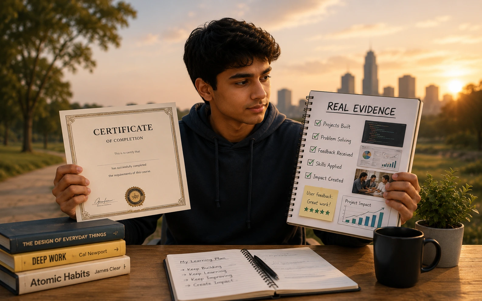 Student comparing a course certificate with a portfolio of completed project work